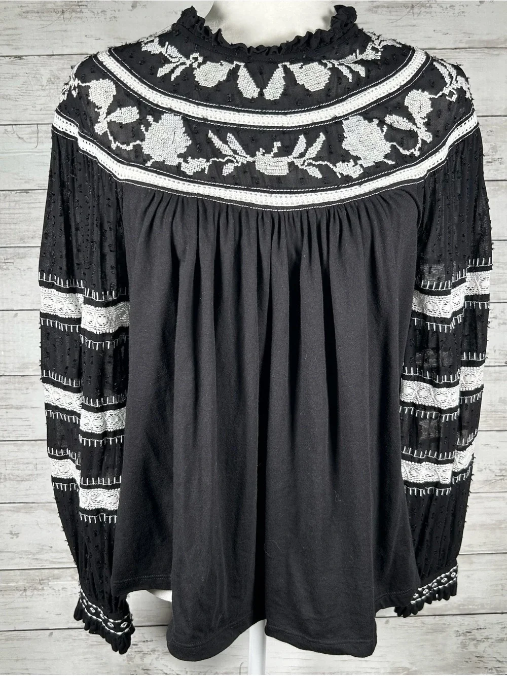 Anthropologie Maeve Winona Embroidered Lace Blouse Size S Black Boho Peasant